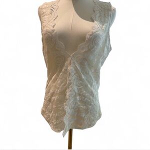 Lace Overlay V-Neck Sleeveless Top - Ivory